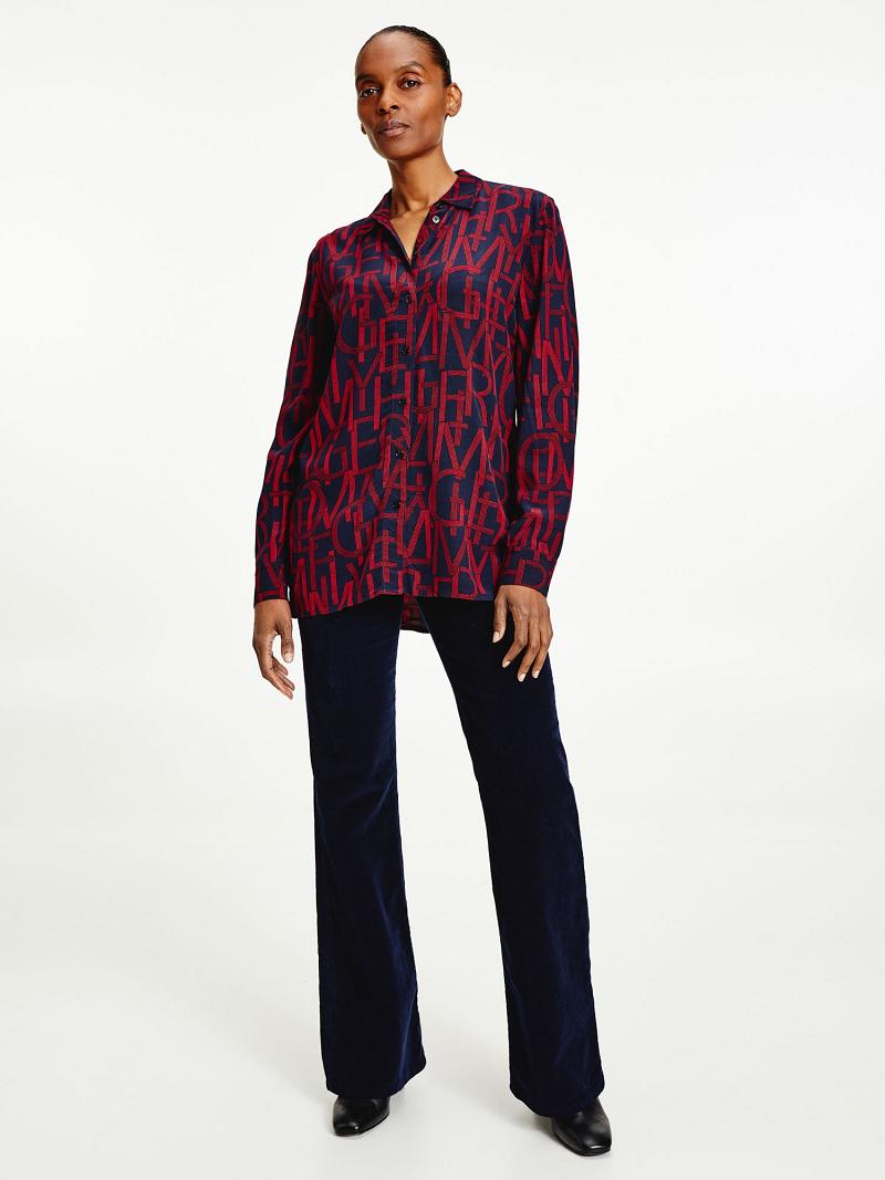 Női Tommy Hilfiger Viscose Print Blouses Piros Sötétkék | HU 23HAP